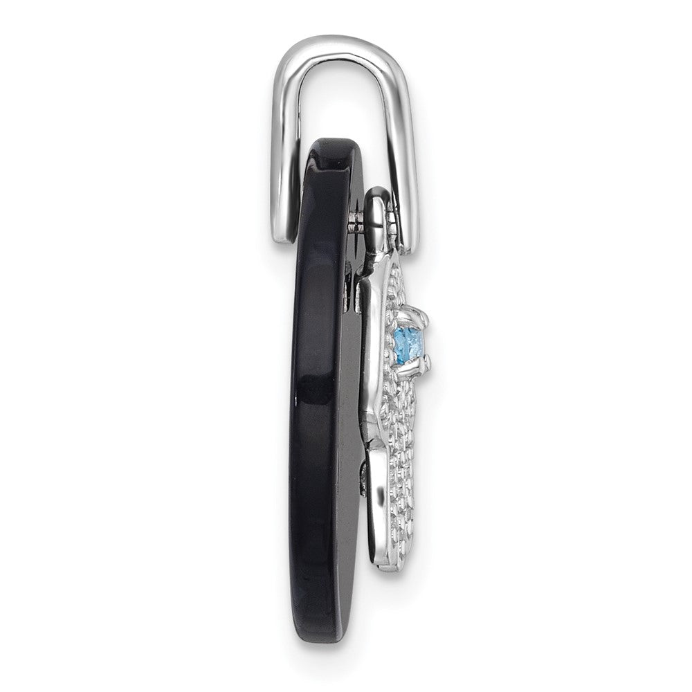 Sterling Silver Rhodium-plated Polished Onyx Circle with Light Swiss Blue Topaz and CZ Hamsa Dangle Pendant