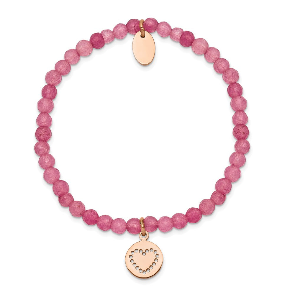 Stainless Steel Polished Rose IP-plated Heart Pink Jade Stretch Bracelet 6.5 inches