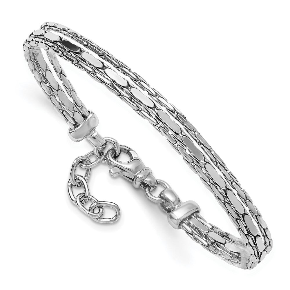 SS RH-plated Polished 3-Strand Fancy w/1in ext. Bracelet 8  inches