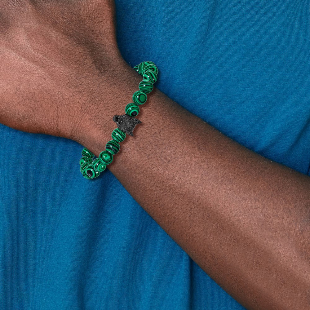 Chisel Stainless Steel Polished Black IP-plated Wolf Head 8mm Synthetic Malachite Beaded 7 inch Stretch Bracelet