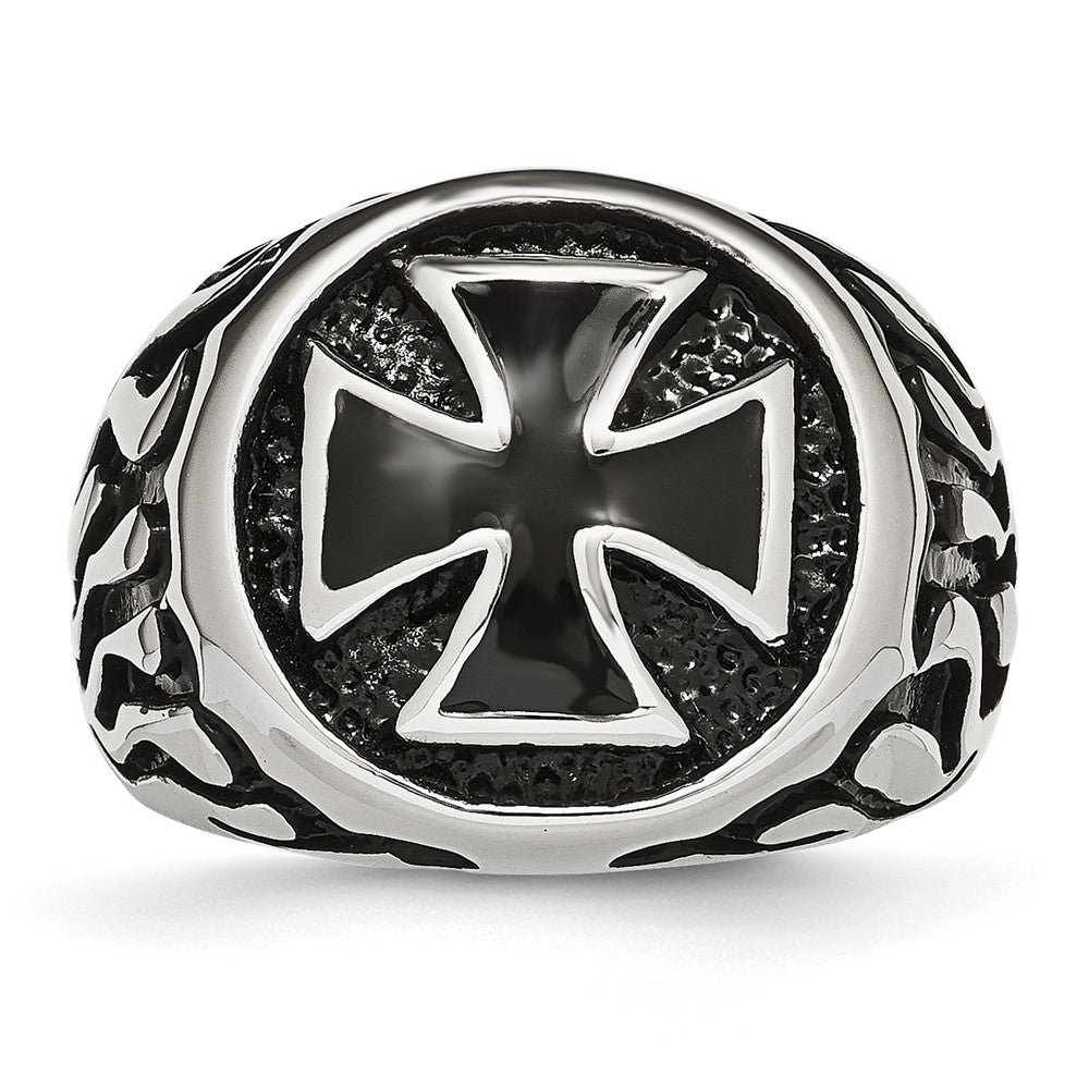 Stainless Steel Antiqued Polished & Textured Black IP-plated Cross Ring Size - 10