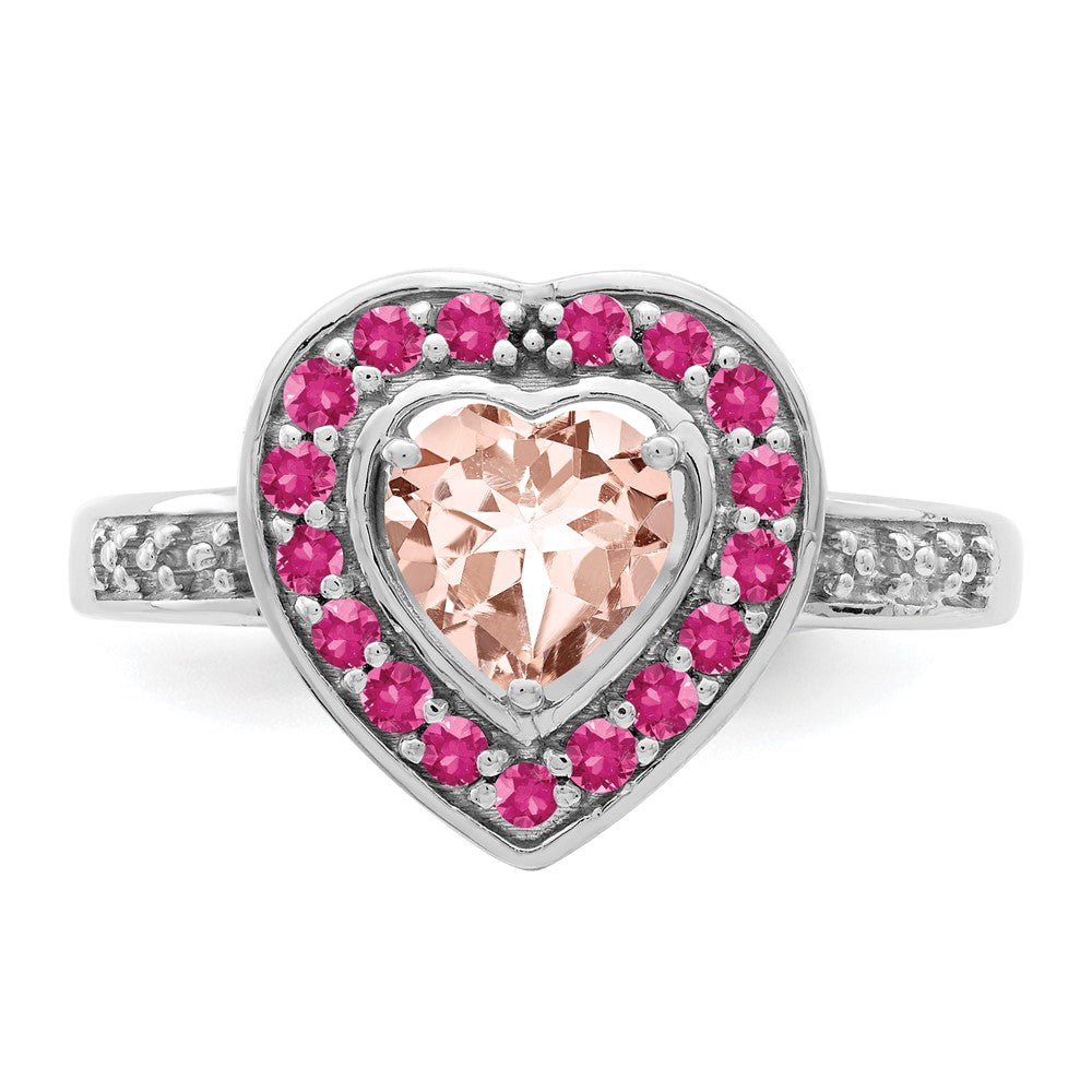 Sterling Silver Rhodium Morganite/Pink Sapphire/WT Heart Ring
