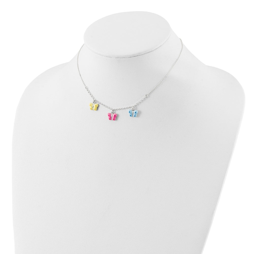 Sterling Silver Polished Yellow, Pink and Blue Enameled Three Butterfly Children's Necklace 14 Inches