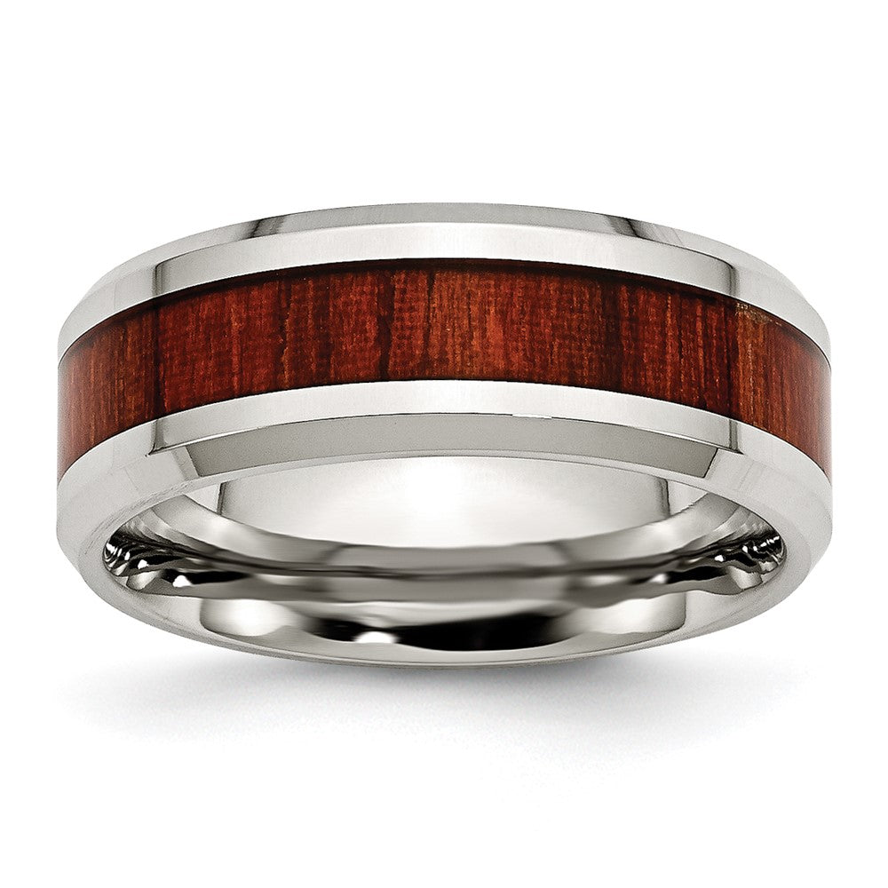Chisel Stainless Steel Polished with Red Koa Wood Inlay Enameled 8mm Band Size - 10