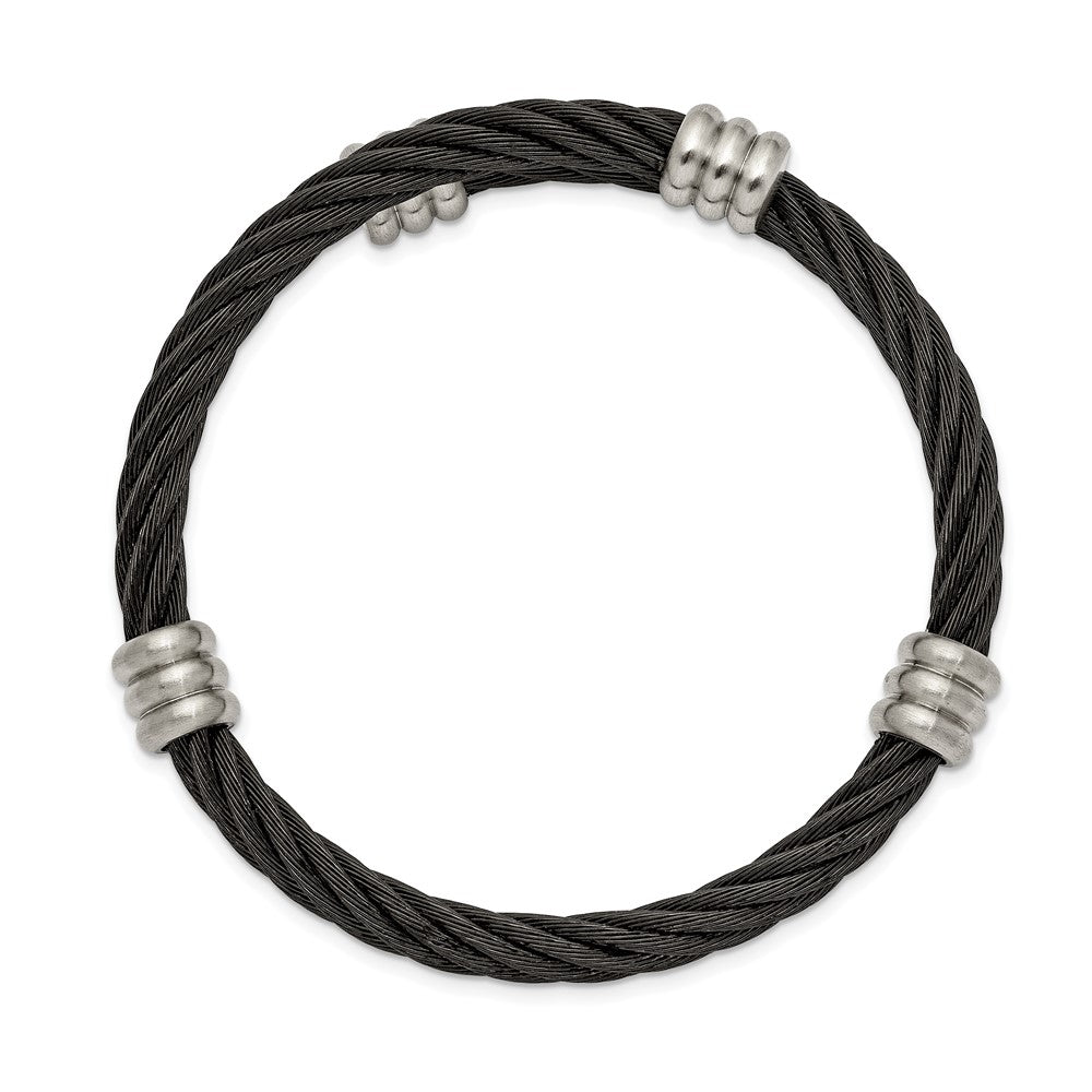 Stainless Steel Brushed and Polished Black IP Wire Flexible Bangle 6.75 inches