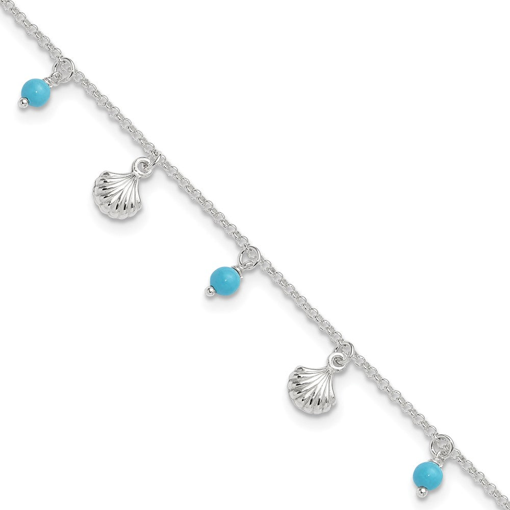 Sterling Silver Polished Shell and Turquoise 9in Plus 1in Ext. Anklet 9 inches