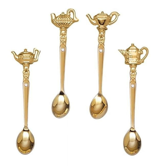 Leeber 87626 Gold Plated Teapot Spoons with Crystal - Set of 4