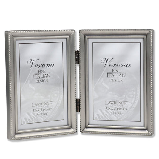 Antique Pewter Hinged Double 3.5x5 Picture Frame - Beaded Edge Design