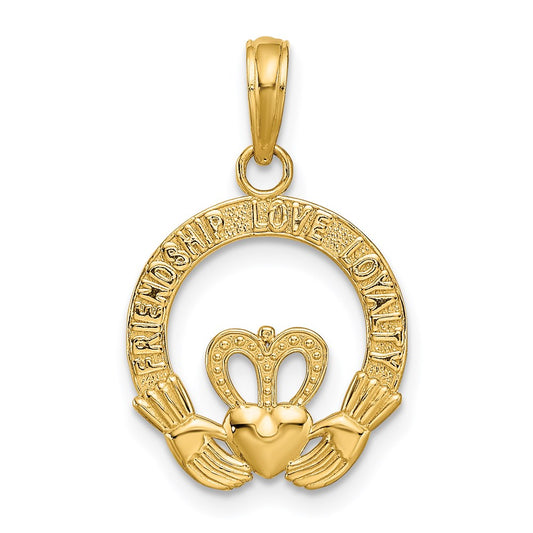 14k Satin Diamond-cut Flat-Backed Claddagh Pendant