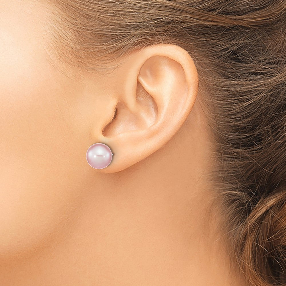 Sterling Silver Rhodium-plated 10-11mm Purple Round Freshwater Cultured Pearl Post Earrings