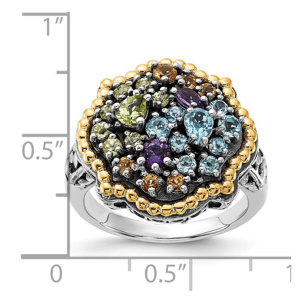 Sterling Silver w/14k Accent Polished & Antiqued 1.43tw Multi Gemstone Ring