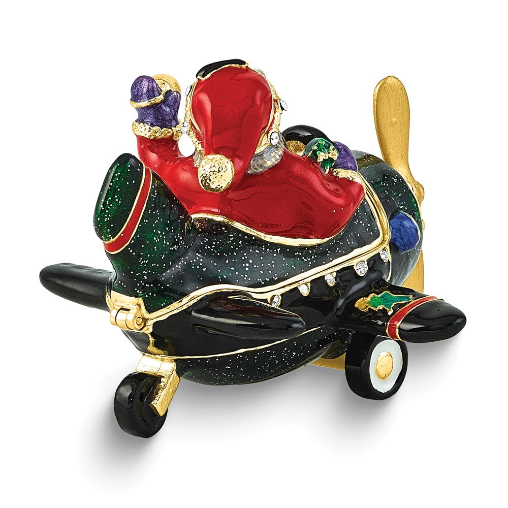 Luxury Giftware by Jere Bejeweled GIFT GLIDER Santa in Plane Trinket Box with Matching 18 inch Necklace