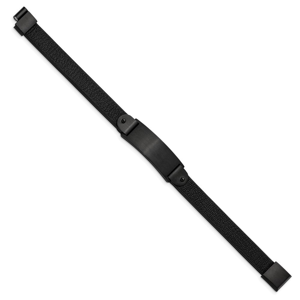 Stainless Steel Brushed Black IP-plated Black Leather 8.5in ID Bracelet 8.5 inches