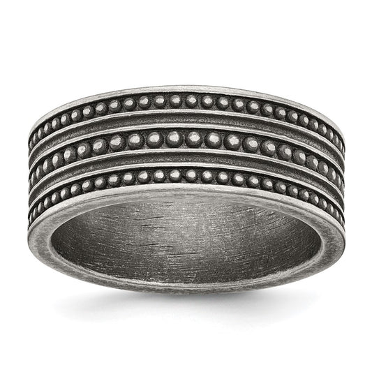 Stainless Steel Antiqued Gun Metal IP-plated Beaded 10mm Flat Band Size - 11