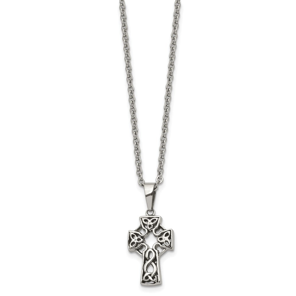 Stainless Steel Antiqued and Brushed Celtic Cross 18in Necklace