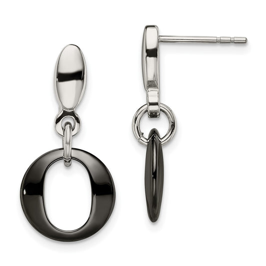 Stainless Steel Polished w/Black Ceramic Post Dangle Earrings