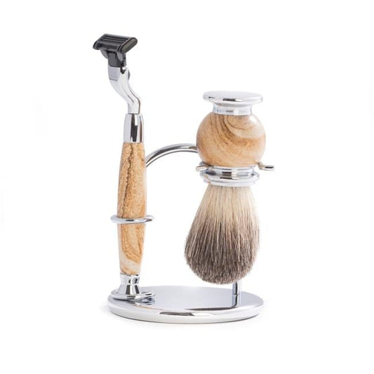 Bey-Berk International BB17 Mach 3 Razor & Pure Badger Brush on Chrome with Stand, Tan Stone