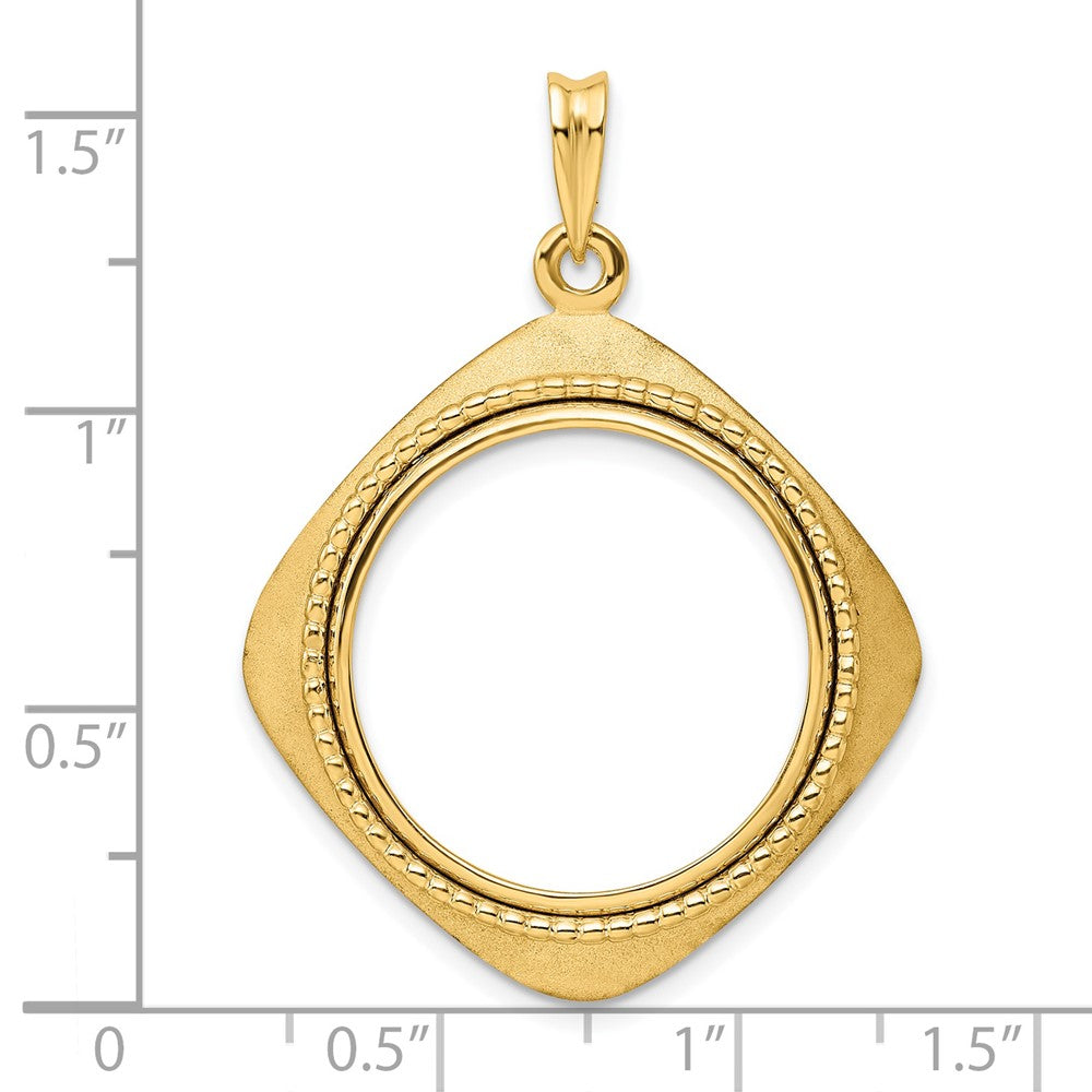 Wideband Distinguished Coin Jewelry 14k Polished Textured and Beaded Diamond Shaped 21.6mm Prong Coin Bezel Pendant