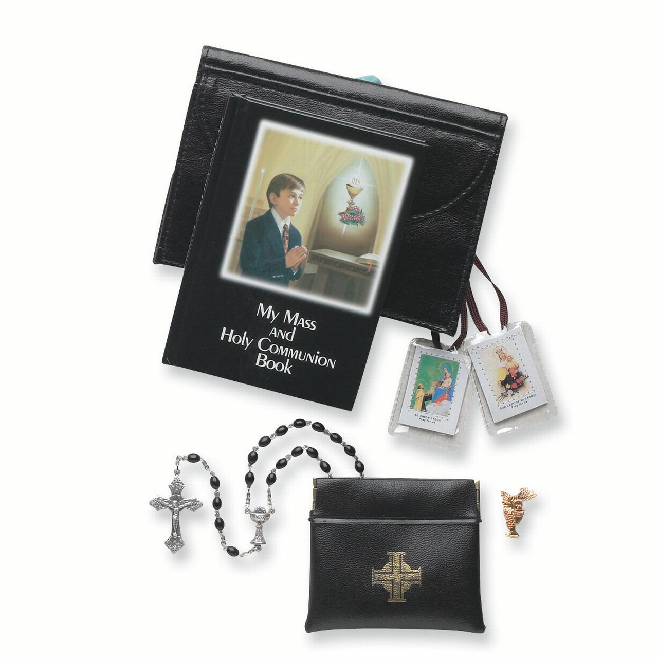 Five Piece First Communion Boy's Black Book Cover Gift Set QGP872