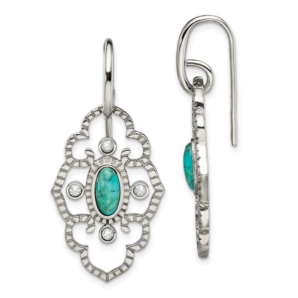 Stainless Steel Polished Imit. Turquoise & CZ Dangle Earrings