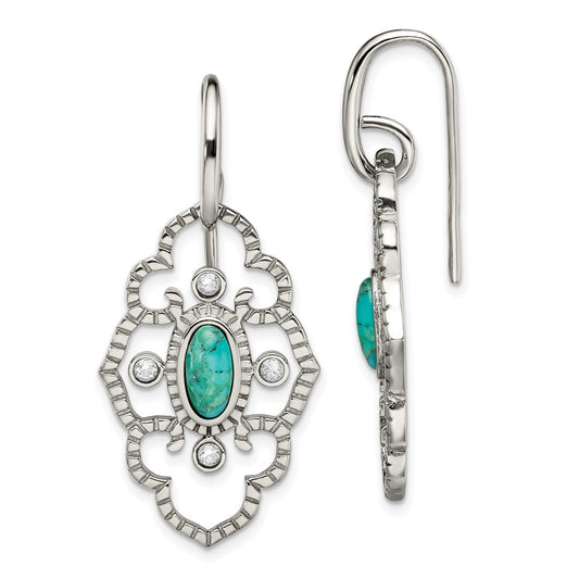 Stainless Steel Polished Imit. Turquoise & CZ Dangle Earrings