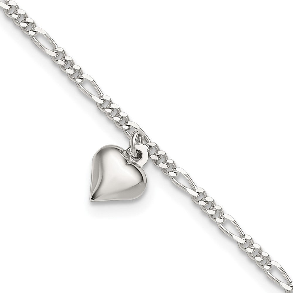 Sterling Silver Polished Heart 9 in Plus 1in ext. Anklet 9 inches