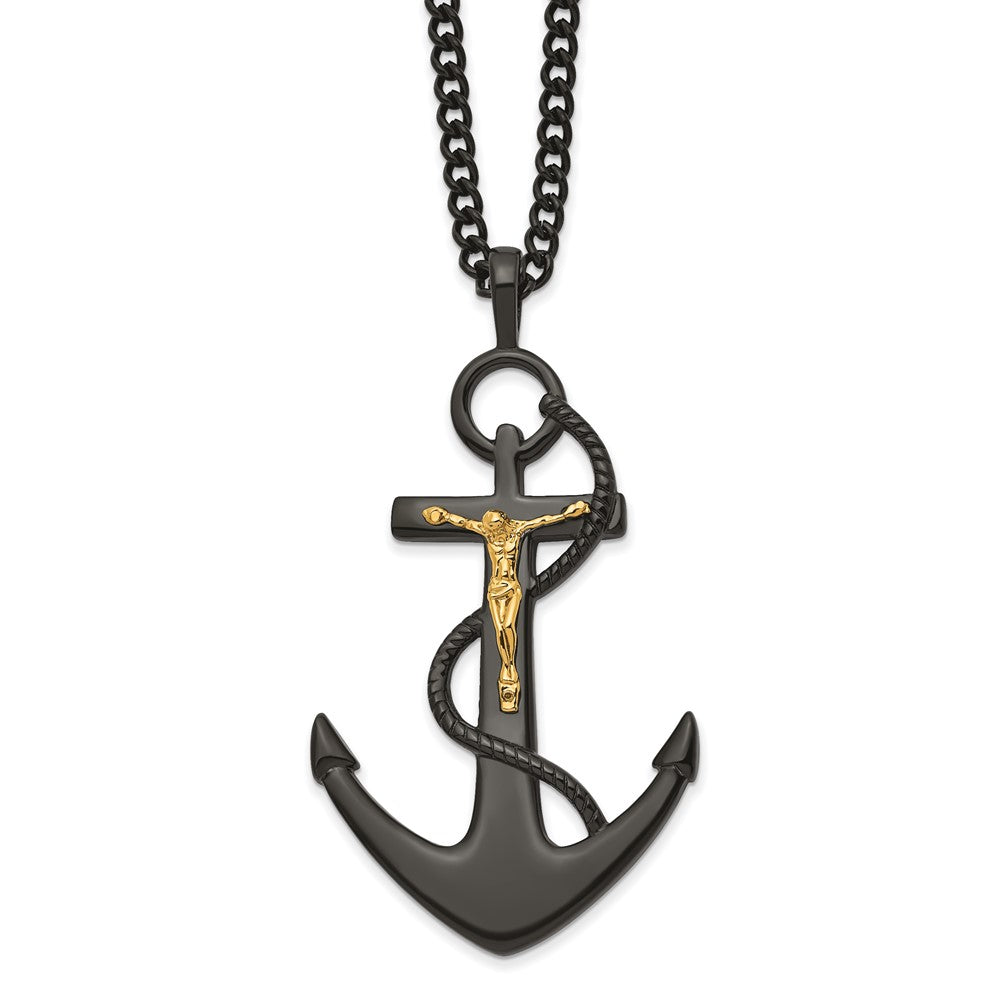 Stainless Steel Polished Black & Yellow IP Crucifix Anchor 24in Necklace