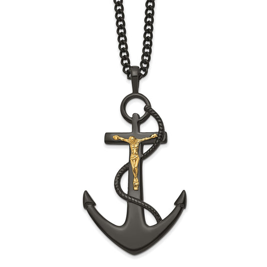 Stainless Steel Polished Black & Yellow IP Crucifix Anchor 24in Necklace