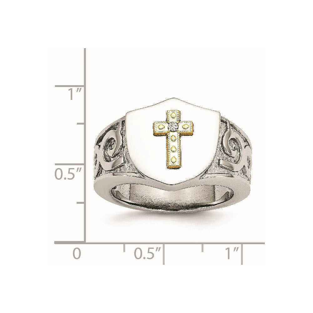 Stainless Steel Polished w/10K Gold Cross and .02ct Diamond Ring Size - 10