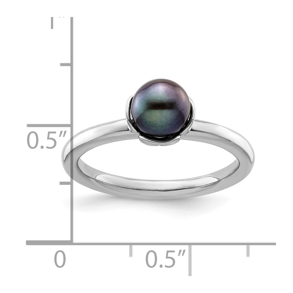 Sterling Silver Stack Exp. Polished Black FW Cultured Pearl Ring Size -9