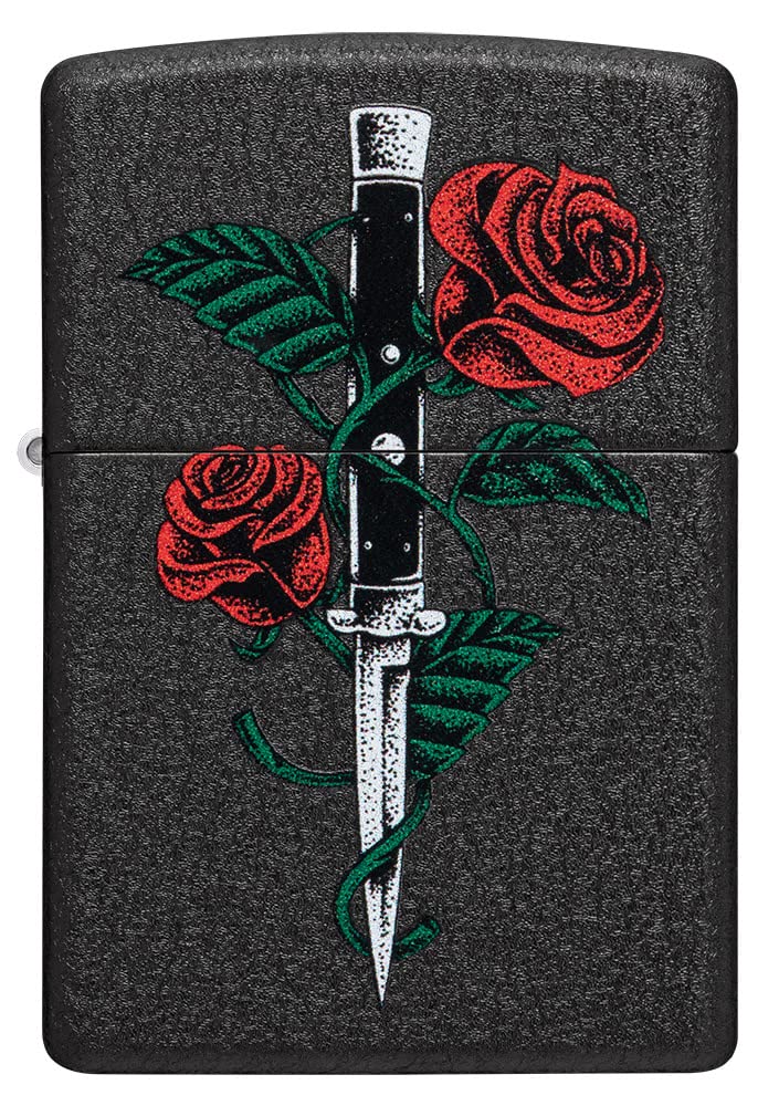 Zippo Rose Dagger Tattoo Design Black Crackle Pocket Lighter
