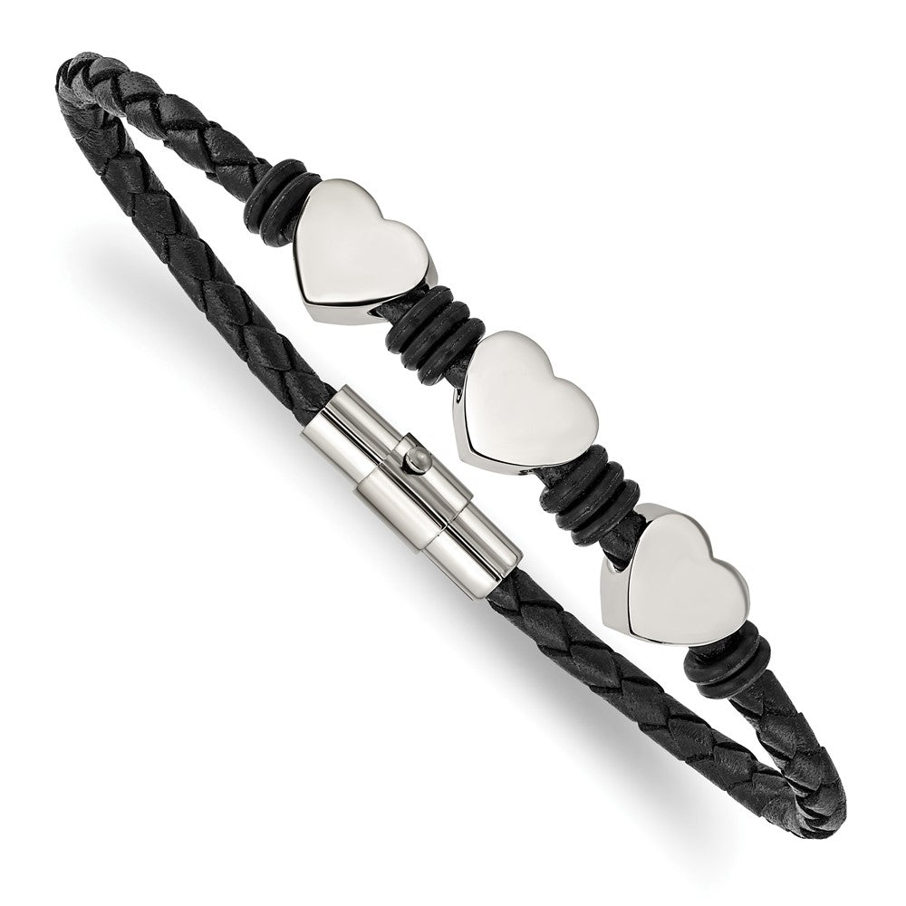Stainless Steel Black Leather w/Polished Hearts 7.5in Bracelet 7.25 inches
