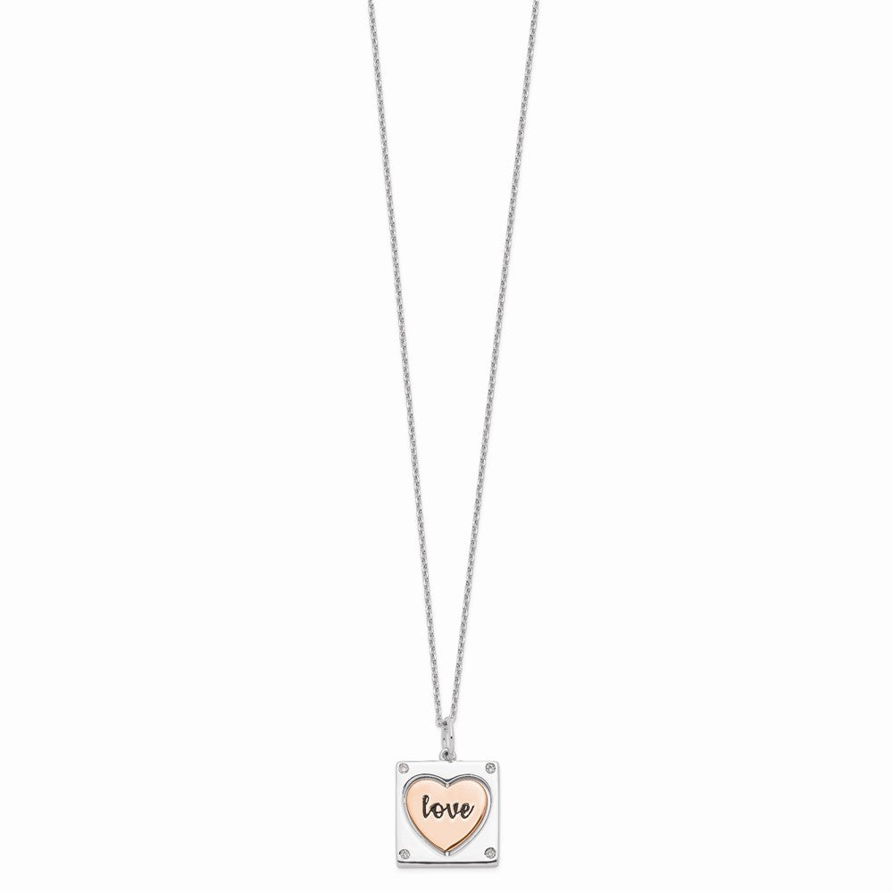 Sterling Silver RH-plated Rose-tone MOM/LOVE Heart Center Spins CZ w/2in ex 16 Inches