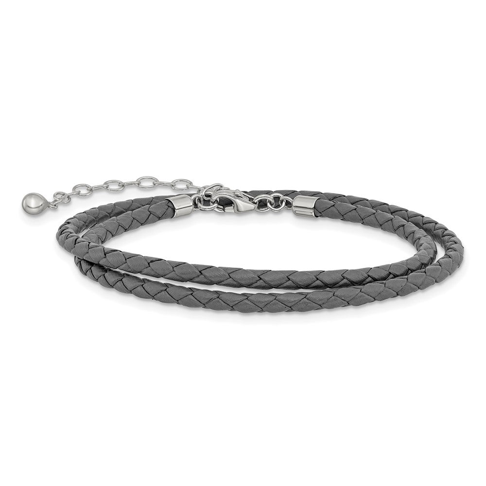 Sterling Silver Reflections Gray Leather Rhodium-plated 14 inch with a 2 inch extention Choker/Wrap Bracelet 14 inches