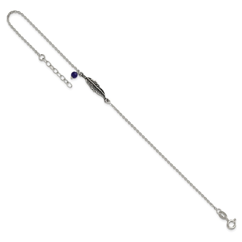 Sterling Silver Polished and Antiqued Feather and Blue Lapis Bead 9 inch with 1 inch Extension Anklet