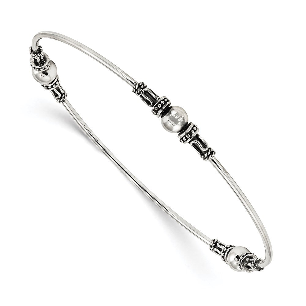 Sterling Silver Antiqued Beaded Slip On Bangle 8 inches