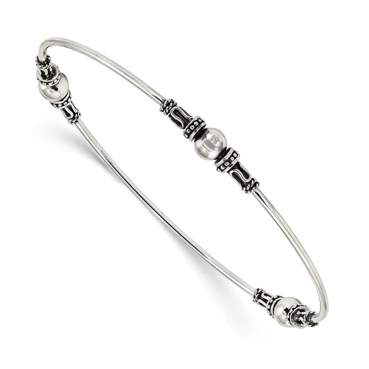 Sterling Silver Antiqued Beaded Slip On Bangle 8 inches