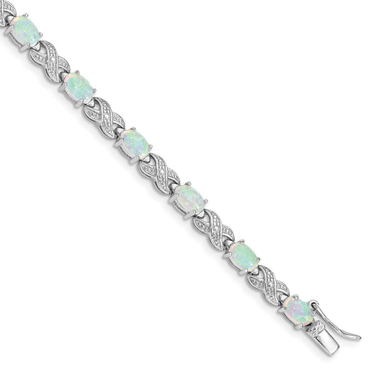 Sterling Silver Rhodium Plated 7.5inch Created Opal XO Bracelet 7.5 inches