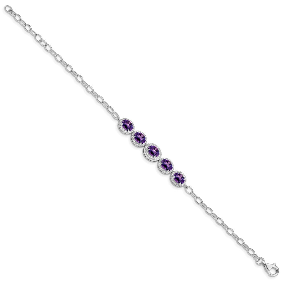 Sterling Silver Rhod-plat Amethyst Bracelet 8 inches