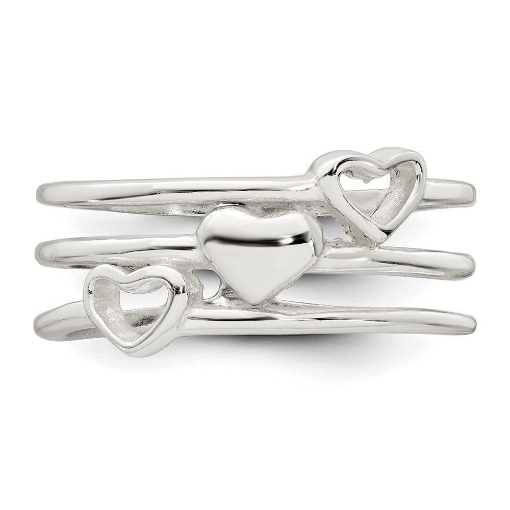 Sterling Silver Polished Hearts Three Band Size 8 Ring