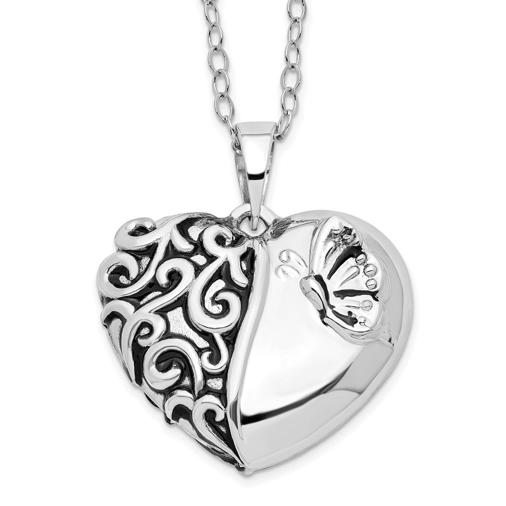 Sentimental Expressions Sterling Silver Rhodium-plated Antiqued One More Day Heart Shape with Butterfly Ash Holder 18 Inch Necklace 18 Inches