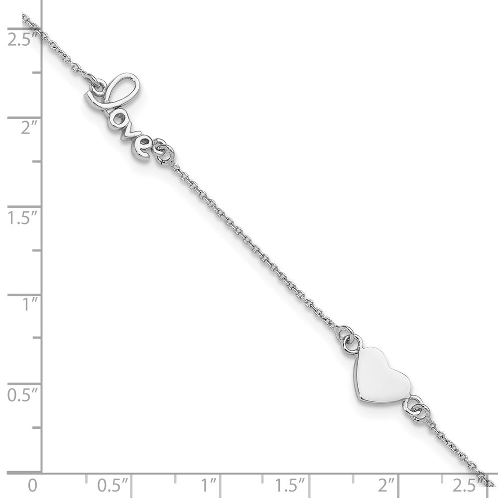 Sterling Silver Rhodium-plated Heart and LOVE 9in Plus 1in ext. Anklet 9 inches
