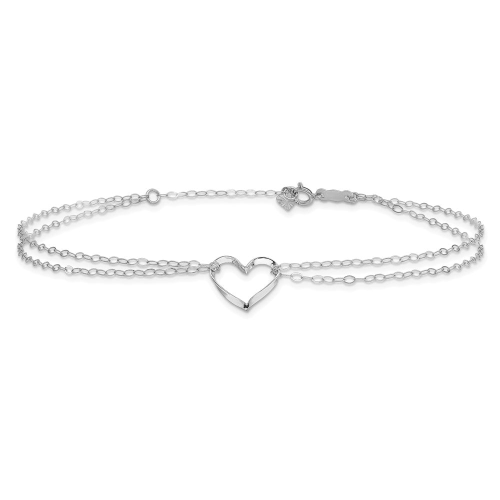 14k White Gold Double Strand Heart 9in Plus 1in ext. Anklet 9 inches