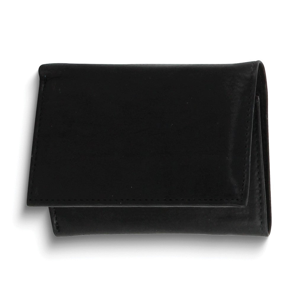 Black Leather 9-Slot Trifold Wallet with Center Flap and ID Window