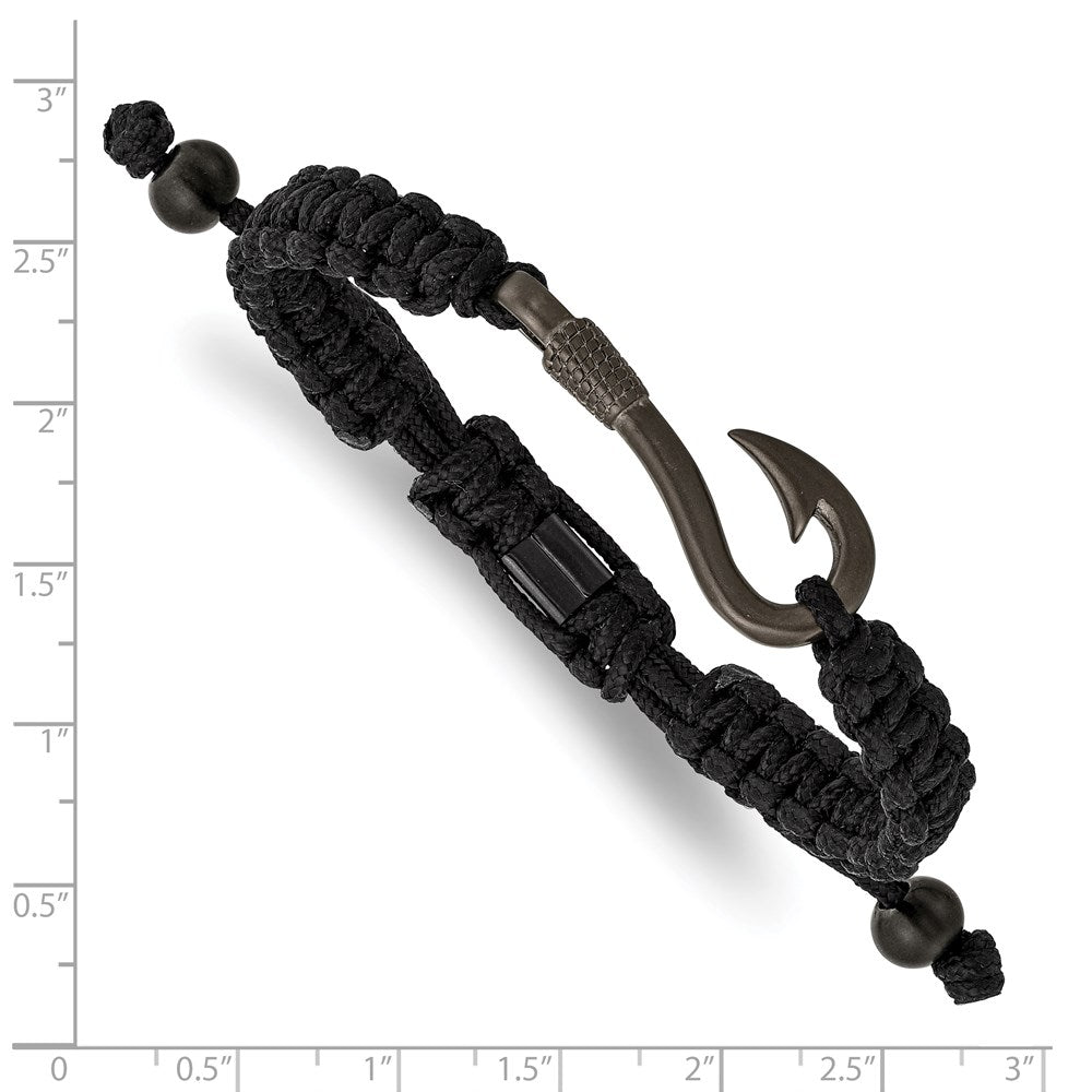 Stainless Steel Brushed Gun Metal IP Fishing Hook Black Nylon Adj Bracelet 9 inches