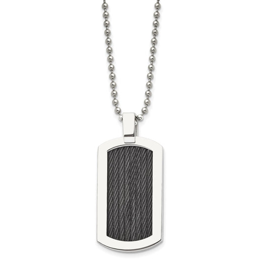 Stainless Steel Polished w/Black IP-Plated Cable Dog Tag 24in Necklace