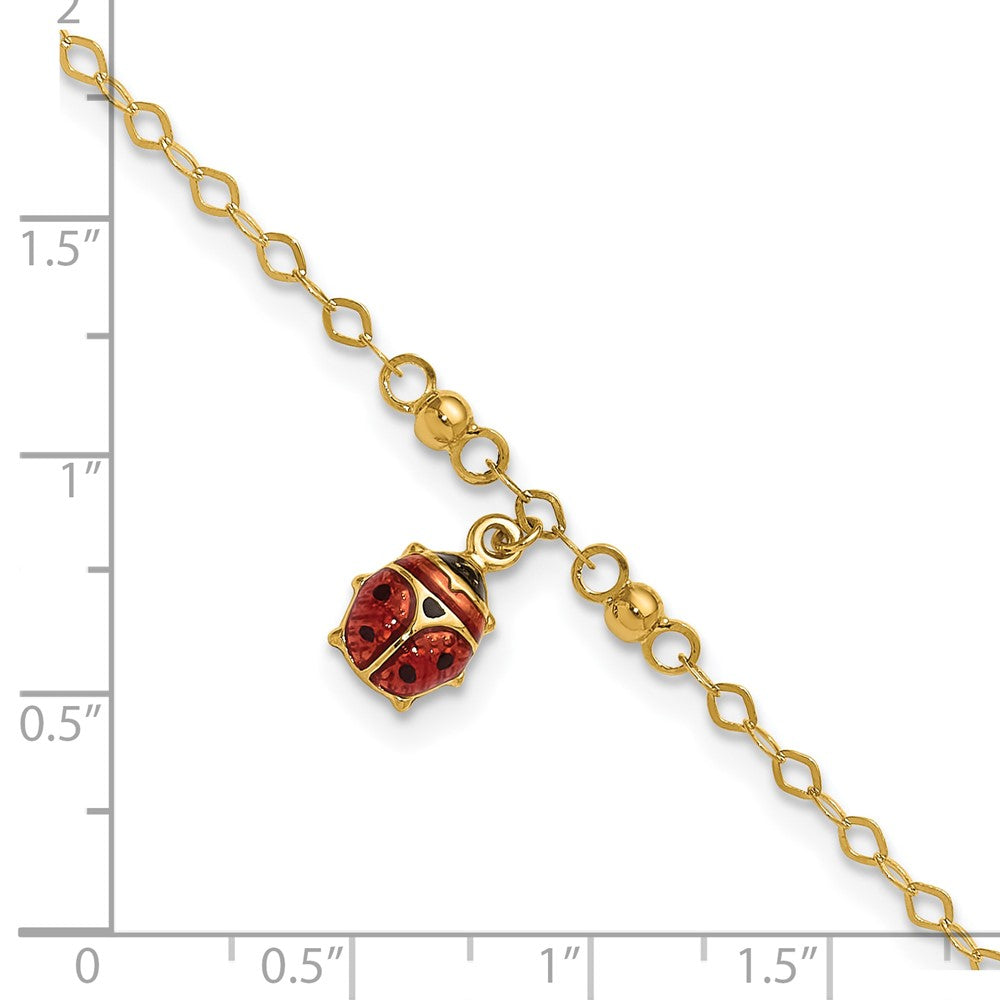14K Adjustable Enameled Ladybug 9in Plus 1in ext. Anklet 10 inches