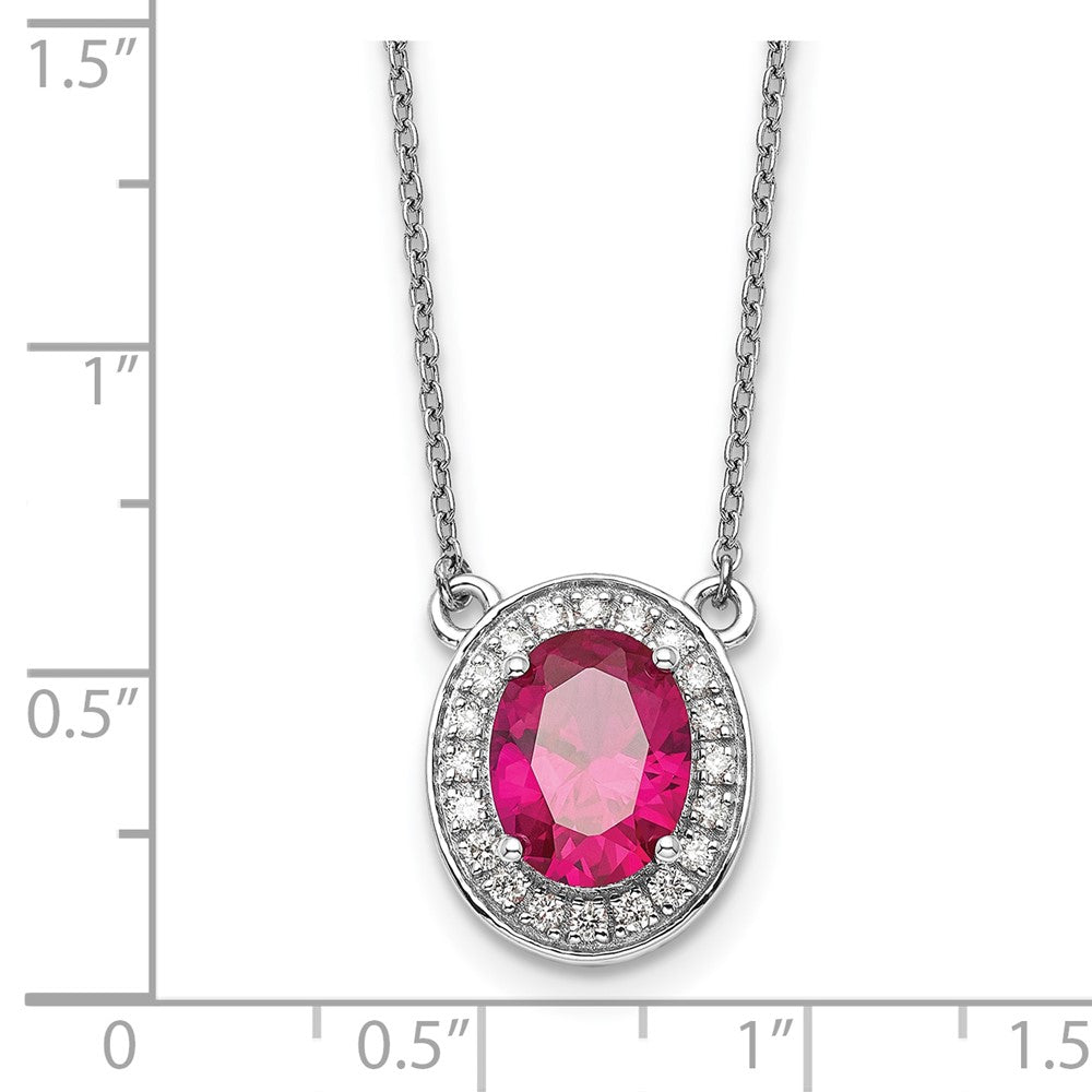 14k White Gold Diamond and 9x7mm Oval Ruby Halo 18 inch Necklace