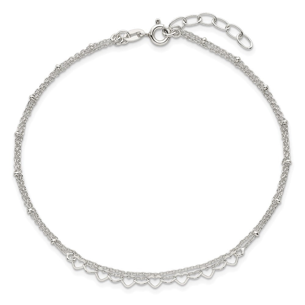 Sterling Silver Polished and Beaded Hearts Double Strand 9 inch with 1 inch Extension Anklet