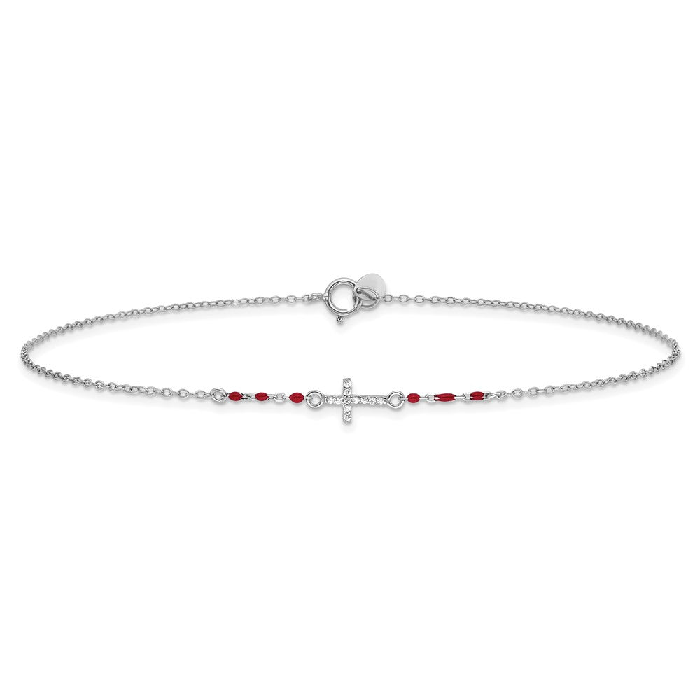 Sterling Silver Rhodium-plated Polished CZ Red Enamel Bead Cross Anklet 10 inches